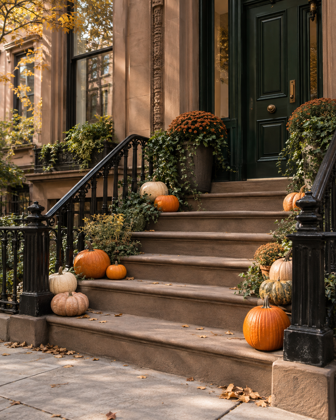 Design concept of a brownstone entrance styled with orange and cream pumpkins